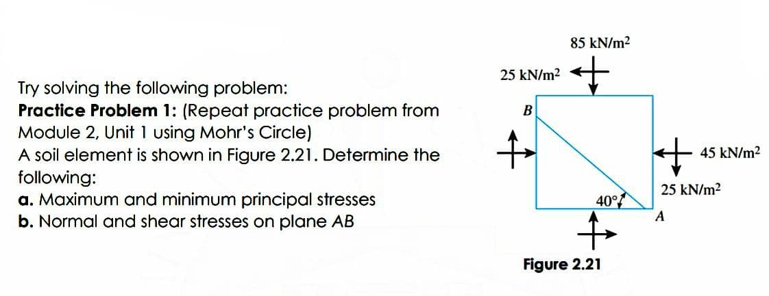 85 kN/m2
25 kN/m2
Try solving the following problem:
Practice Problem 1: (Repeat practice problem from
Module 2, Unit 1 using Mohr's Circle)
A soil element is shown in Figure 2.21. Determine the
following:
a. Maximum and minimum principal stresses
b. Normal and shear stresses on plane AB
45 kN/m2
25 kN/m2
40°
to
A
Figure 2.21
