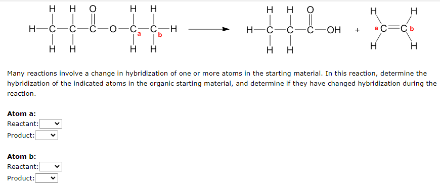 HHO
HH
нно
H-C- -C-
-C -H
H-C-C-C-OH
a C=Cb
b
H H
H
H
H
H
HH
Many reactions involve a change in hybridization of one or more atoms in the starting material. In this reaction, determine the
hybridization of the indicated atoms in the organic starting material, and determine if they have changed hybridization during the
reaction.
Atom a:
Reactant:
Product:
Atom b:
Reactant:
Product:
a
+
H
H