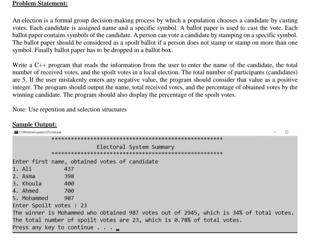 Problem Statement:
An election is a formal group decision-making process by which a population chooses a candidate by casting
votes. Each candidate is assigned name and a specific symbol. A ballot paper is used to cast the vote. Each
ballot paper contains symbols of the candidate. A person can vote a candidate by stamping on a specific symbol.
The ballot paper should be considered as a spoilt ballot if a person does not stamp or stamp on more than one
symbol. Finally ballot paper has to be dropped in a ballot box.
Write a C++ program that reads the information from the user to enter the name of the candidate, the total
number of received votes, and the spoilt votes in a local election. The total number of participants (candidates)
are 5. If the user mistakenly enters any negative value, the program should consider that value as a positive
integer. The program should output the name, total received votes, and the percentage of obtained votes by the
winning candidate. The program should also display the percentage of the spoilt votes.
Note: Use repetition and selection structures
Sample Output:
CAWindows\system32\cmd.exe
Electoral System Summary
**************
******
Enter first name, obtained votes of candidate
1. Ali
2. Asma
3. Khoula
4. Ahmed
5. Mohammed
Enter Spoilt votes : 23
The winner is Mohammed who obtained 987 votes out of 2945, which is 34% of total votes.
The total number of spoilt votes are 23, which is 0.78% of total votes.
Press any key to continue
437
398
400
700
987
