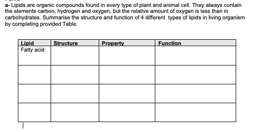 a-Lipids are organic compounds found in every type of plant and animal cell. They always contain
the elements carbon, hydrogen and oxygen, but the relative amount of oxygen is less than in
carbohydrates. Summarise the structure and function of 4 different types of lipids in living organism
by completing provided Table.
Structure
Property
Function
Lipid
Fatty acid