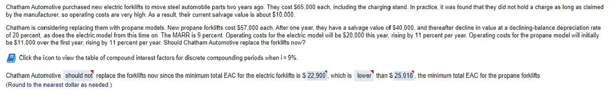 Chatham Automotive purchased new electric forklifts to move steel automobile parts two years ago. They cost $65,000 each, including the charging stand. In practice, it was found that they did not hold a charge as long as claimed
by the manufacturer, so operating costs are very high. As a result, their current salvage value is about $10,000.
Chatham is considering replacing them with propane models. New propane forklifts cost $57,000 each. After one year, they have a salvage value of $40,000, and thereafter decline in value at a declining-balance depreciation rate
of 20 percent, as does the electric model from this time on. The MARR is 9 percent. Operating costs for the electric model will be $20,000 this year, rising by 11 percent per year. Operating costs for the propane model will initially
be $11,000 over the first year, rising by 11 percent per year. Should Chatham Automotive replace the forklifts now?
Click the icon to view the table of compound interest factors for discrete compounding periods when i= 9%.
Chatham Automotive should not replace the forklifts now since the minimum total EAC for the electric forklifts is $ 22,900, which is lower than $ 25,018, the minimum total EAC for the propane forklifts.
(Round to the nearest dollar as needed.)
