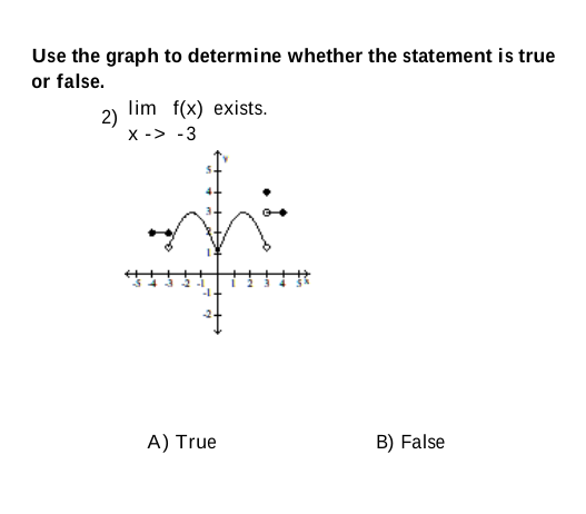 Use the graph to determine whether the statement is true
or false.
2)
lim f(x) exists.
x -> -3
A) True
B) False
