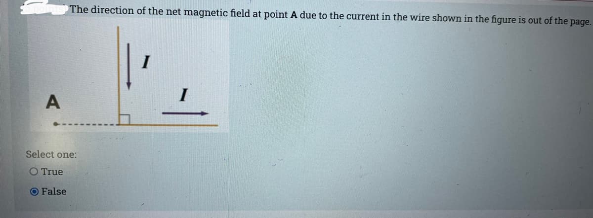 The direction of the net magnetic field at point A due to the current in the wire shown in the figure is out of the page.
I
A
Select one:
O True
O False
