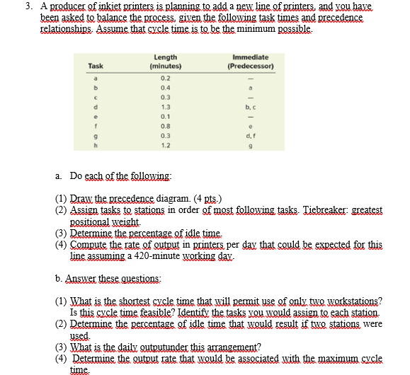 3. A producer of inkiet printers is planning to add a new line of printers, and vou have
keen asked to balance the process, given the following task times and precedence
relationships. Assume that cycle time is to be the minimum pOssible.
Length
(minutes)
Immediate
Тask
(Predecessor)
a
0.2
b
0.4
0.3
1.3
b, c
0.1
0.8
e
0.3
d. f
1.2
a. Do gach of the following:
(1) Draw the precedence diagram. (4 pts.)
(2) Assign tasks to stations in order gf most following tasks. Tiebreaker: greatest
Rositional weight.
(3) Determine the RErcentage of idle time.
(4) Compute the rate of output in printers per day that could be expected for this
line assuming a 420-minute working dav.
b. Answer these questions:
(1) What is the shortest cxcle time that will pemit use of only two workstations?
Is this cycle time feasible? Identify the tasks vou would assign to each station.
(2) Determine thE REICentage of idle time that would result if two stations were
used.
(3) What is the daily Qutputunder this arrangement?
(4) Determine the Qutput rate that would be associated with the maximum cycle
time.
