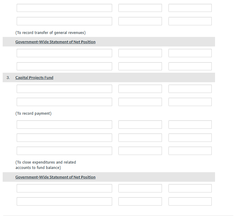 (To record transfer of general revenues)
Government-Wide Statement of Net Position
3. Capital Projects Fund
(To record payment)
(To close expenditures and related
accounts to fund balance)
Government-Wide Statement of Net Position
LL