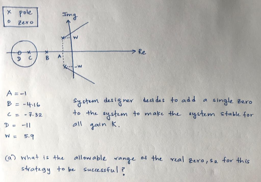 * pole
Img
Zero
>Re
A
D
K---w
A=ー
B = -4.16
System designer deci des to add a
to the system to make the system stable for
single zero
C = - 7. 32
-11
all
gain K.
W =
5.9
(a) what is the
allow able
of the real Zero,s2 for this
range
strategy to be successful ?
