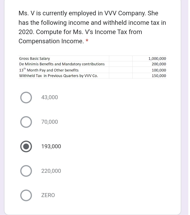 Ms. V is currently employed in VVV Company. She
has the following income and withheld income tax in
2020. Compute for Ms. V's Income Tax from
Compensation Income. *
Gross Basic Salary
1,000,000
De Minimis Benefits and Mandatory contributions
13th Month Pay and Other benefits
Withheld Tax in Previous Quarters by WV Co.
200,000
100,000
150,000
43,000
70,000
193,000
220,000
ZERO
