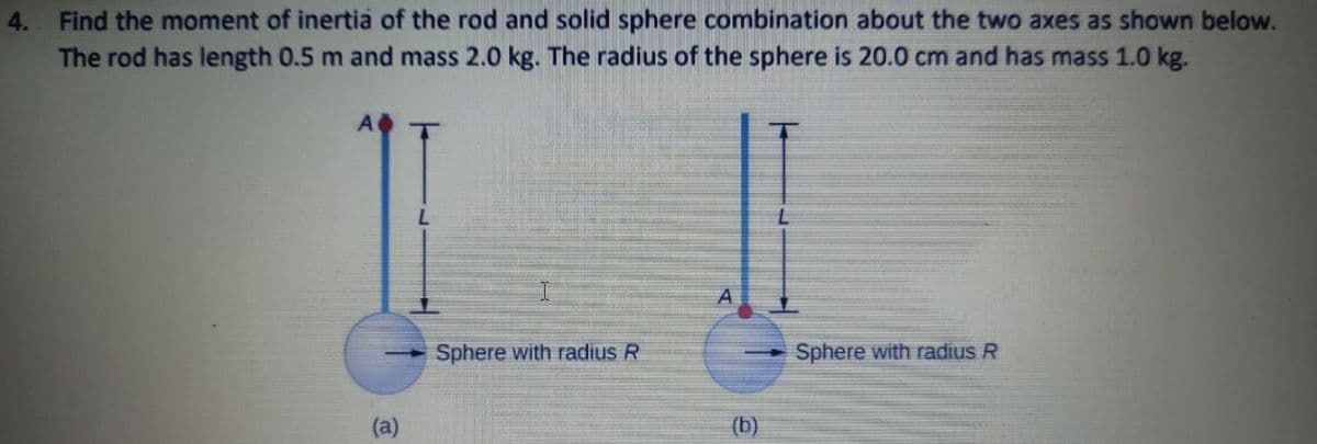 Find the moment of inertia of the rod and solid sphere combination about the two axes as shown below.
The rod has length 0.5 m and mass 2.0 kg. The radius of the sphere is 20.0 cm and has mass 1.0 kg.
4.
7.
Sphere with radius R
Sphere with radius R
(a)
(b)
