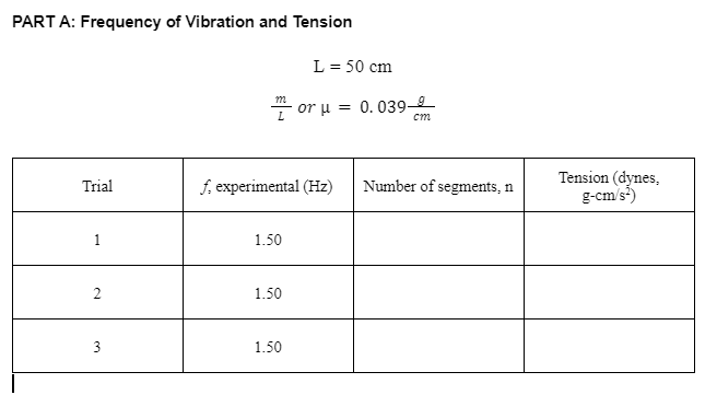 PART A: Frequency of Vibration and Tension
L = 50 cm
m
* or u
= 0. 039-
cm
f. experimental (Hz)
Tension (dynes,
g-cm's)
Trial
Number of segments, n
1.50
2
1.50
1.50

