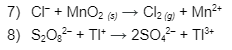 7) CF + MnO2 (9)
8) S20,2- + TI* → 280,2- + TI3+
Cl2 ) + Mn?+

