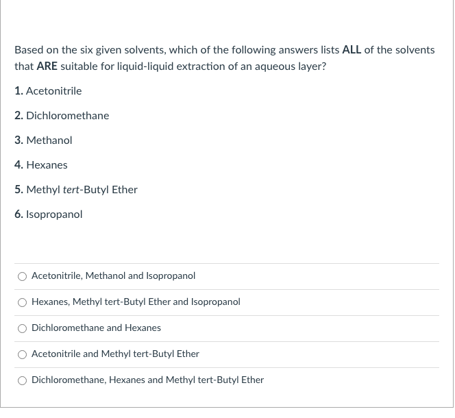 Based on the six given solvents, which of the following answers lists ALL of the solvents
that ARE suitable for liquid-liquid extraction of an aqueous layer?
1. Acetonitrile
2. Dichloromethane
3. Methanol
4. Hexanes
5. Methyl tert-Butyl Ether
6. Isopropanol
Acetonitrile, Methanol and Isopropanol
Hexanes, Methyl tert-Butyl Ether and Isopropanol
Dichloromethane and Hexanes
Acetonitrile and Methyl tert-Butyl Ether
Dichloromethane, Hexanes and Methyl tert-Butyl Ether
