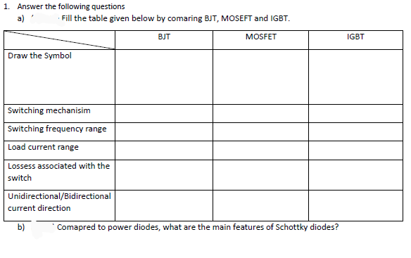1. Answer the following questions
a) '
Fill the table given below by comaring BJT, MOSEFT and IGBT.
BJT
MOSFET
Draw the Symbol
Switching mechanisim
Switching frequency range
Load current range
Lossess associated with the
switch
Unidirectional/Bidirectional
current direction
b)
Comapred to power diodes, what are the main features of Schottky diodes?
IGBT