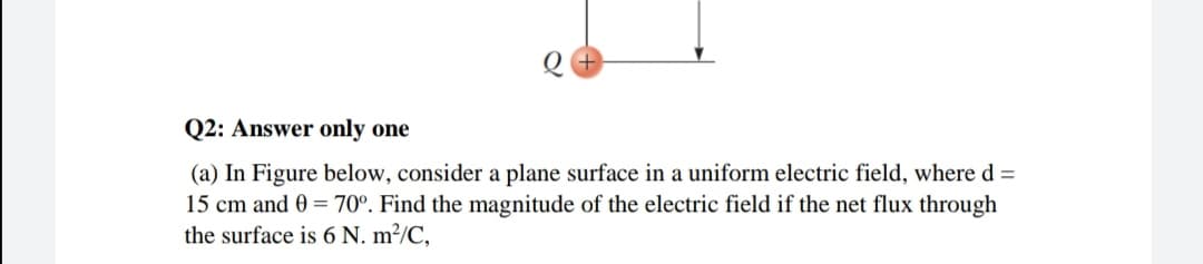 Q2: Answer only one
(a) In Figure below, consider a plane surface in a uniform electric field, where d =
15 cm and 0 = 70º. Find the magnitude of the electric field if the net flux through
the surface is 6 N. m²/C,
