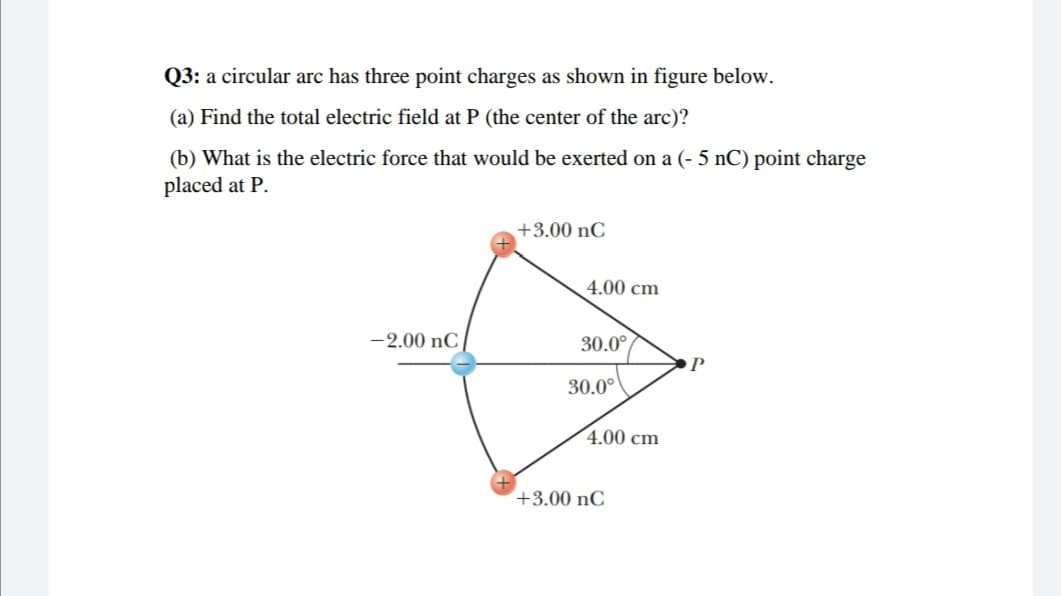 Q3: a circular arc has three point charges as shown in figure below.
(a) Find the total electric field at P (the center of the arc)?
(b) What is the electric force that would be exerted on a (- 5 nC) point charge
placed at P.
+3.00 nC
4.00 cm
-2.00 nC
30.0°
P
30.0°
4.00 cm
+3.00 nC
