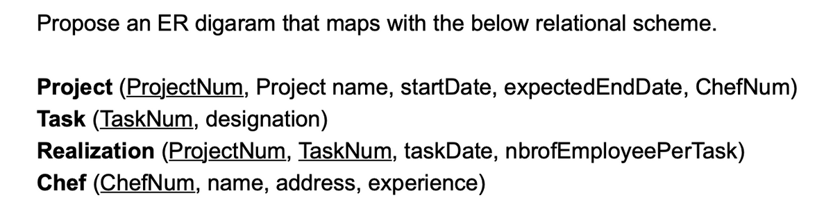 Propose an ER digaram that maps with the below relational scheme.
Project (ProjectNum, Project name, startDate, expected EndDate, ChefNum)
Task (TaskNum, designation)
Realization (ProjectNum, TaskNum, taskDate, nbrofEmployeePerTask)
Chef (ChefNum, name, address, experience)