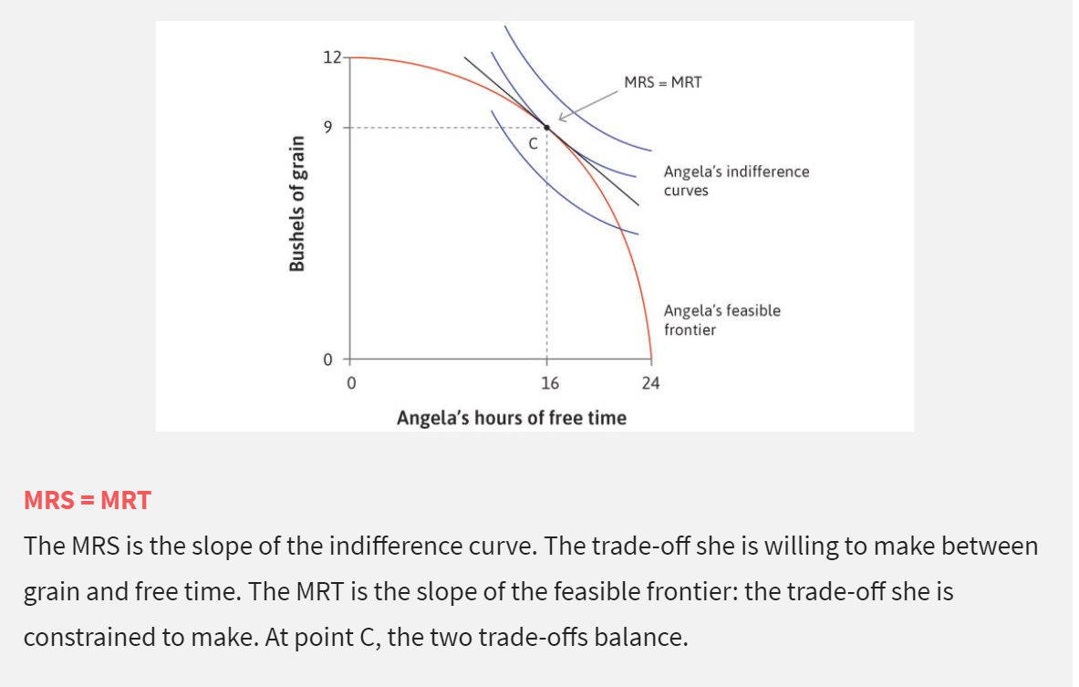 12
MRS = MRT
9.
Angela's indifference
curves
Angela's feasible
frontier
16
24
Angela's hours of free time
MRS = MRT
The MRS is the slope of the indifference curve. The trade-off she is willing to make between
grain and free time. The MRT is the slope of the feasible frontier: the trade-off she is
constrained to make. At point C, the two trade-offs balance.
Bushels of grain
