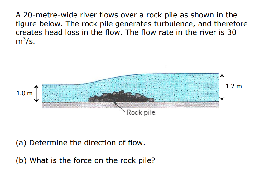 A 20-metre-wide river flows over a rock pile as shown in the
figure below. The rock pile generates turbulence, and therefore
creates head loss in the flow. The flow rate in the river is 30
m³/s.
m↑
1.0 m
Rock pile
(a) Determine the direction of flow.
(b) What is the force on the rock pile?
1.2 m