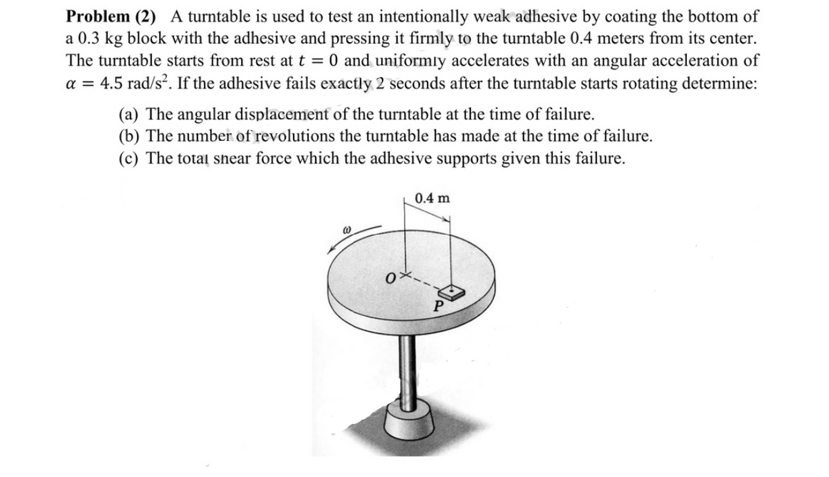 Problem (2) A turntable is used to test an intentionally weak adhesive by coating the bottom of
a 0.3 kg block with the adhesive and pressing it firmly to the turntable 0.4 meters from its center.
The turntable starts from rest at t = 0 and uniformly accelerates with an angular acceleration of
a = 4.5 rad/s?. If the adhesive fails exactly 2 seconds after the turntable starts rotating determine:
(a) The angular displacement of the turntable at the time of failure.
(b) The number of revolutions the turntable has made at the time of failure.
(c) The total shear force which the adhesive supports given this failure.
0.4 m

