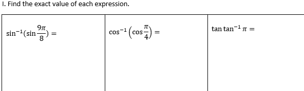 I. Find the exact value of each expression.
9n
sin-(sin-
co)=
tan tan-1n =
-1
cos
Cos
=
