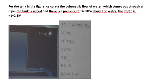 For the tank in the figure, calculate the volumetric flow of water, which comes out through a
pipe, the tank is sealed and there is a pressure of 140 KPa above the water, the depth is
h1=2.5M
z = Z₁
h
P1 = 140000 PA
V1=0
Hi-2.5
P2=0
V2 =
H2=0
DS=0.5 M