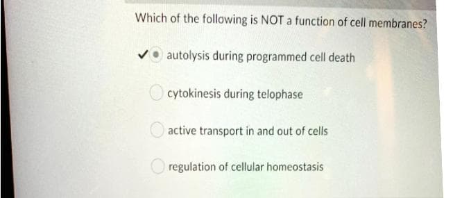 Which of the following is NOT a function of cell membranes?
Vo autolysis during programmed cell death
cytokinesis during telophase
active transport in and out of cells
regulation of cellular homeostasis
