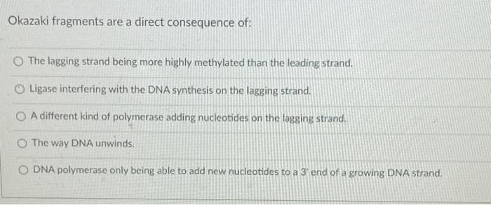 Okazaki fragments are a direct consequence of:
O The lagging strand being more highly methylated than the leading strand.
O Ligase interfering with the DNA synthesis on the lagging strand.
O A different kind of polymerase adding nucleotides on the lagging strand.
O The way DNA unwinds.
DNA polymerase only being able to add new nucleotides to a 3' end of a growing DNA strand.
