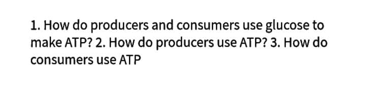 1. How do producers and consumers use glucose to
make ATP? 2. How do producers use ATP? 3. How do
consumers use ATP
