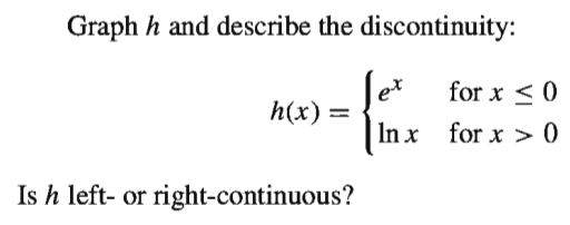 Graph h and describe the discontinuity:
for x < 0
= (x)y
In x for x > 0
Is h left- or right-continuous?
