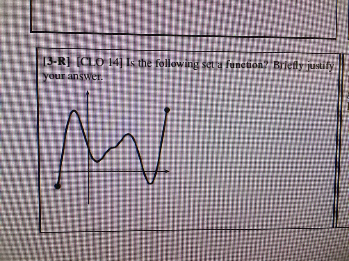 [3-R] [CLO 14] Is the following set a function? Briefly justify
your answer.