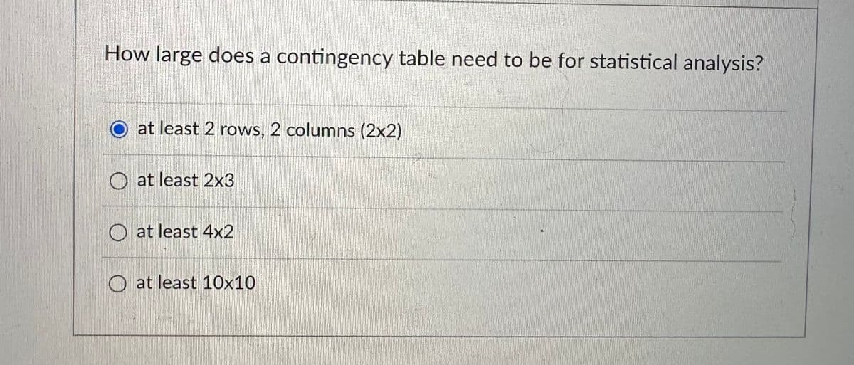 How large does a contingency table need to be for statistical analysis?
at least 2 rows, 2 columns (2x2)
Oat least 2x3
at least 4x2
at least 10x10