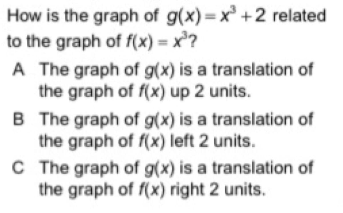 How is the graph of g(x) = x° +2 related
to the graph of f(x) = x²?
A The graph of g(x) is a translation of
the graph of f(x) up 2 units.
B The graph of g(x) is a translation of
the graph of f(x) left 2 units.
C The graph of g(x) is a translation of
the graph of f(x) right 2 units.
