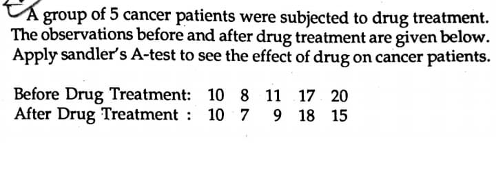 A group of 5 cancer patients were subjected to drug treatment.
The observations before and after drug treatment are given below.
Apply sandler's A-test to see the effect of drug on cancer patients.
Before Drug Treatment: 10 8 11 17 20
After Drug Treatment : 10 7
9 18 15
