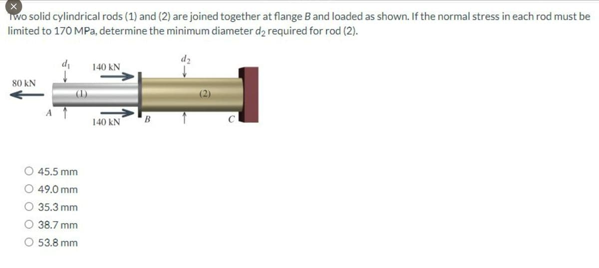 X
Two solid cylindrical rods (1) and (2) are joined together at flange B and loaded as shown. If the normal stress in each rod must be
limited to 170 MPa, determine the minimum diameter d2 required for rod (2).
d₂
d₁
140 KN
80 KN
140 KN
C
A ↑
45.5 mm
49.0 mm
O 35.3 mm
38.7 mm
O 53.8 mm
B