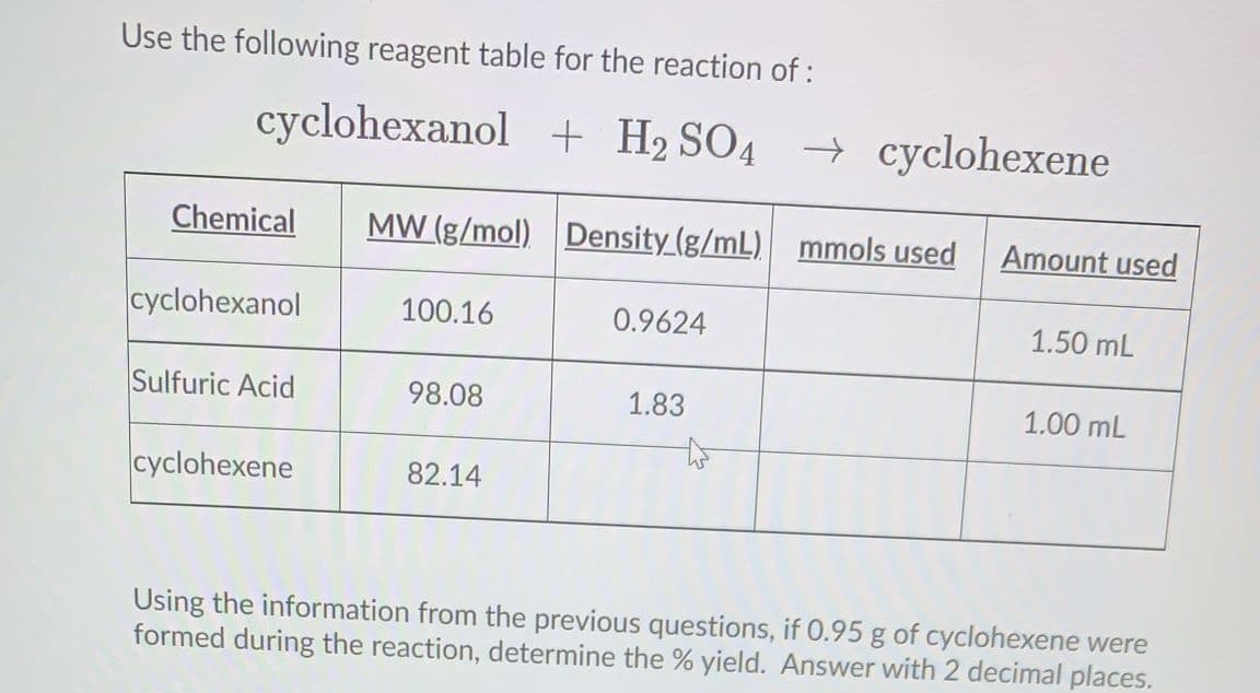Use the following reagent table for the reaction of :
cyclohexanol + H2 SO4 → cyclohexene
Chemical
MW (g/mol) Density (g/mL) mmols used
Amount used
cyclohexanol
100.16
0.9624
1.50 mL
Sulfuric Acid
98.08
1.83
1.00 mL
cyclohexene
82.14
Using the information from the previous questions, if 0.95 g of cyclohexene were
formed during the reaction, determine the % yield. Answer with 2 decimal places.
