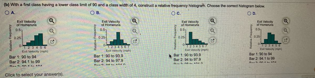 (b) With a first class having a lower class limit of 90 and a class width of 4, construct a relative frequency histogram. Choose the correct histogram below.
O A.
B.
OC.
OD.
Exit Velocity
of Homeruns
Exit Velocity
of Homeruns
Exit Velocity
of Homeruns
Exit Velocity
of Homeruns
0.5
0.5
0.
0.5
0.25
E 0.25
0.25
0.25
1 2 3 4 5 6
Exit Velocity (mph)
1234567
Exit Velocity (mph)
012 3 4567
Exit Velocity (mph)
123456
Exit Velocity (mph)
Bar 1: 90 to 94
Bar 1: 90 to 93.9
Bar 2: 94 to 97.9
Bar 1: 90 to 93.9
Bar 1: 90 to 94
Bar 2: 94.1 to 99
Bar 2: 94.1 to 99
Bar 2: 94 to 97.9
Da 2.00 4 ta 10A
De 2. 004te 404
Click to select your answer(s).
Relative Frequency
Relative Frequency
Relative Frequency.
Relative Frequency
