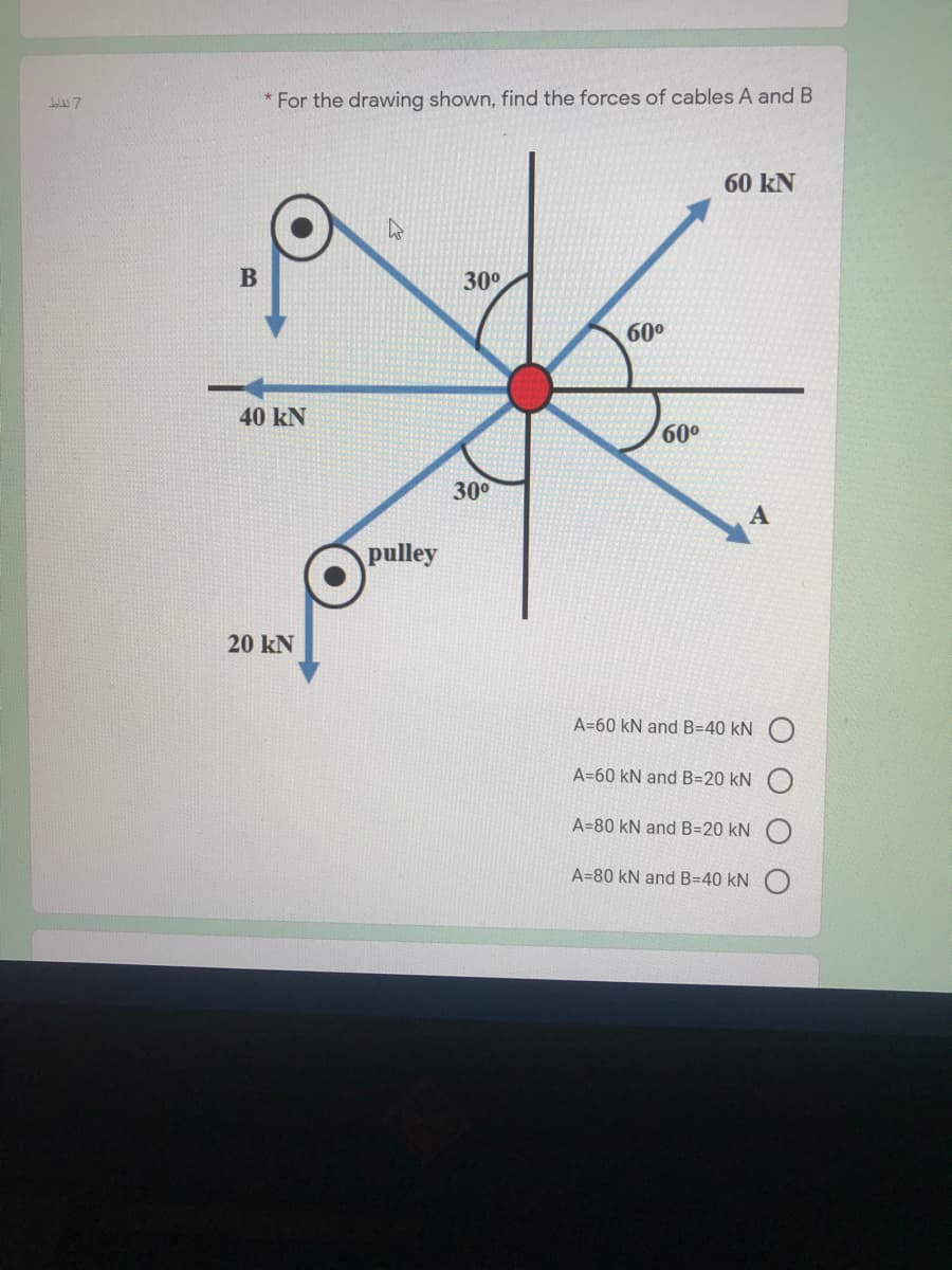 La 7
* For the drawing shown, find the forces of cables A and B
60 kN
30°
60°
40 kN
60°
30
A
pulley
20 kN
A=60 kN and B=40 kN O
A=60 kN and B=20 kN O
A=80 kN and B=20 kN O
A=80 kN and B=40 kN
