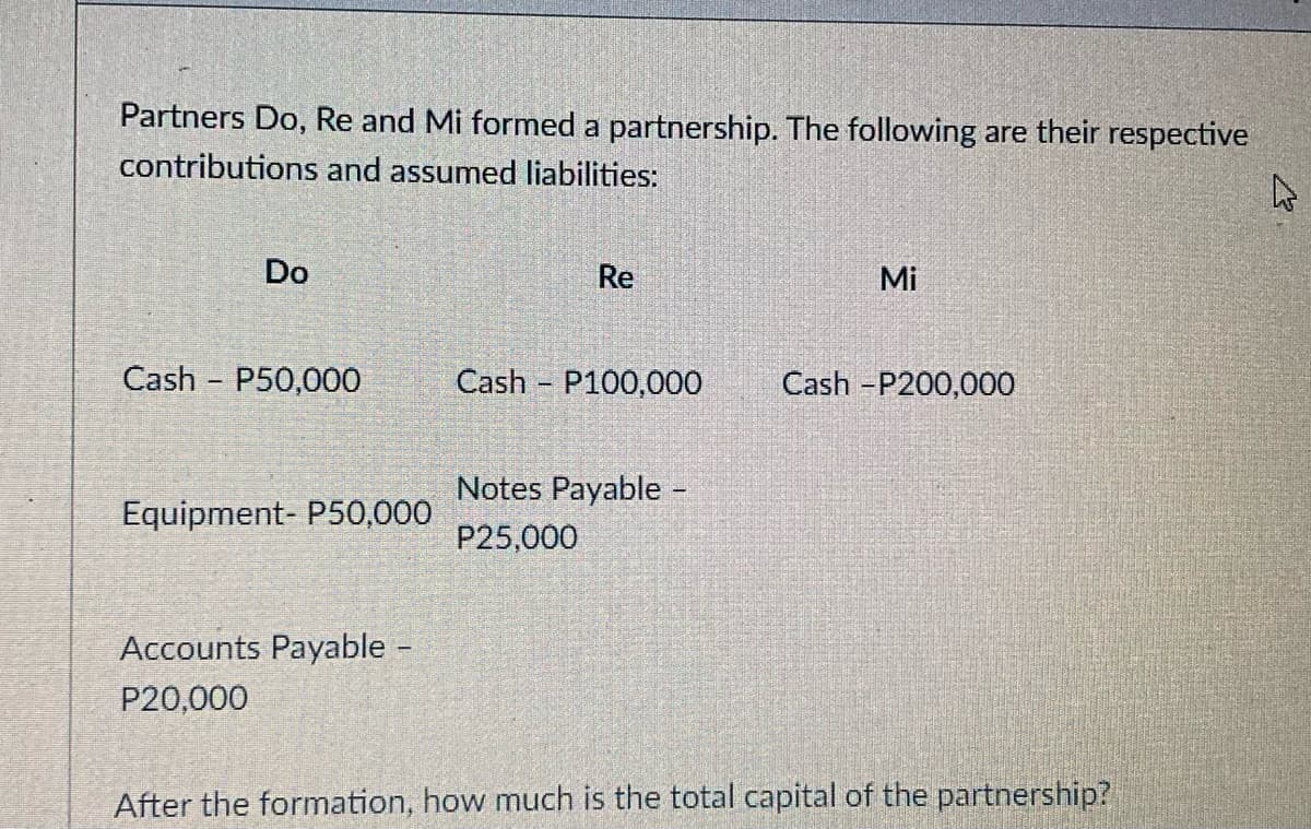 Partners Do, Re and Mi formed a partnership. The following are their respective
contributions and assumed liabilities:
Do
Re
Mi
Cash - P50,000
Cash P100,000
Cash -P200,00O
Notes Payable -
Equipment- P50,000
P25,000
Accounts Payable -
P20,000
After the formation, how much is the total capital of the partnership?
