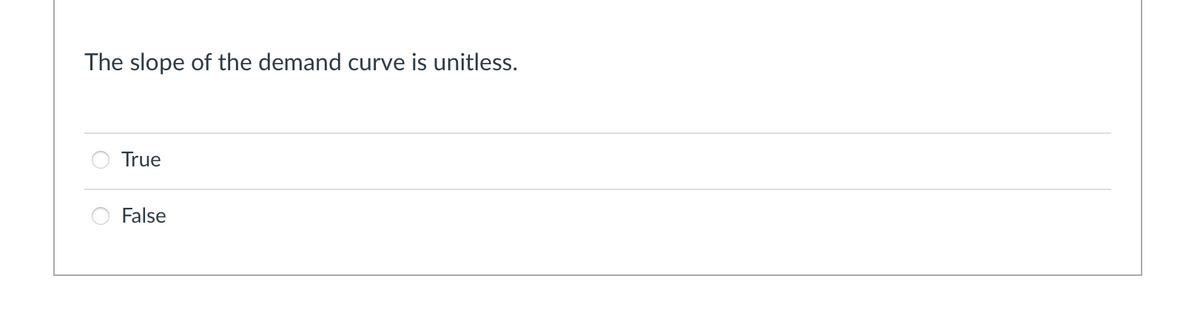The slope of the demand curve is unitless.
True
False
