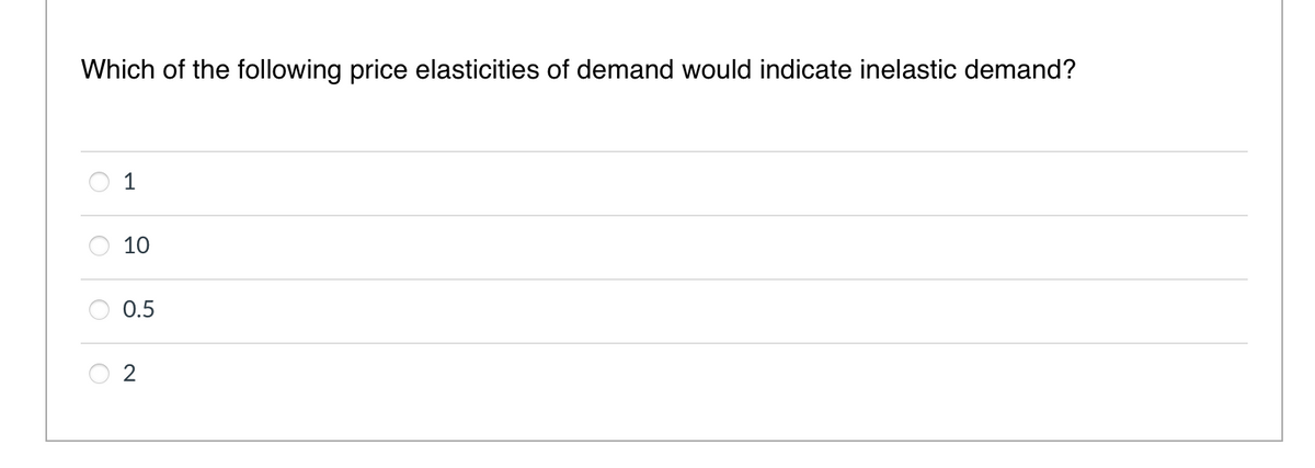 Which of the following price elasticities of demand would indicate inelastic demand?
1
10
0.5
