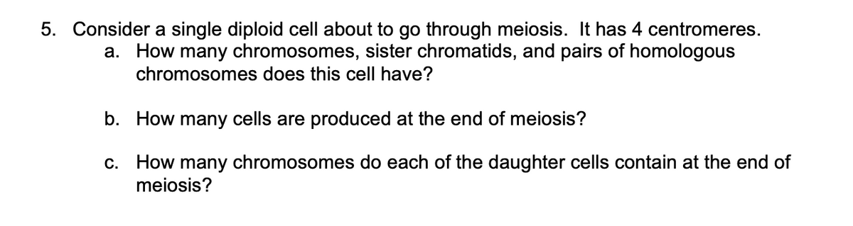 5. Consider a single diploid cell about to go through meiosis. It has 4 centromeres.
a. How many chromosomes, sister chromatids, and pairs of homologous
chromosomes does this cell have?
b. How many cells are produced at the end of meiosis?
c. How many chromosomes do each of the daughter cells contain at the end of
meiosis?