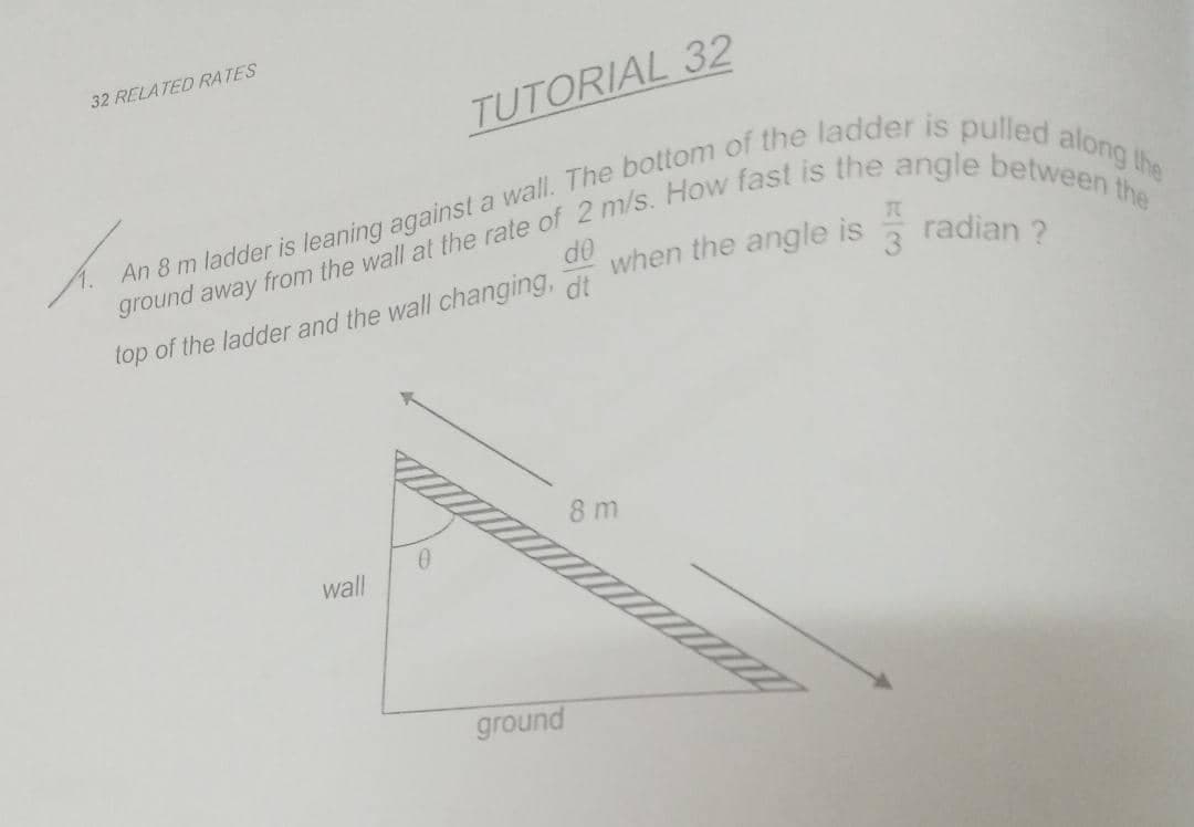 32 RELATED RATES
TUTORIAL 32
top of the ladder and the wall changing, at
8 m
0.
wall
ground
