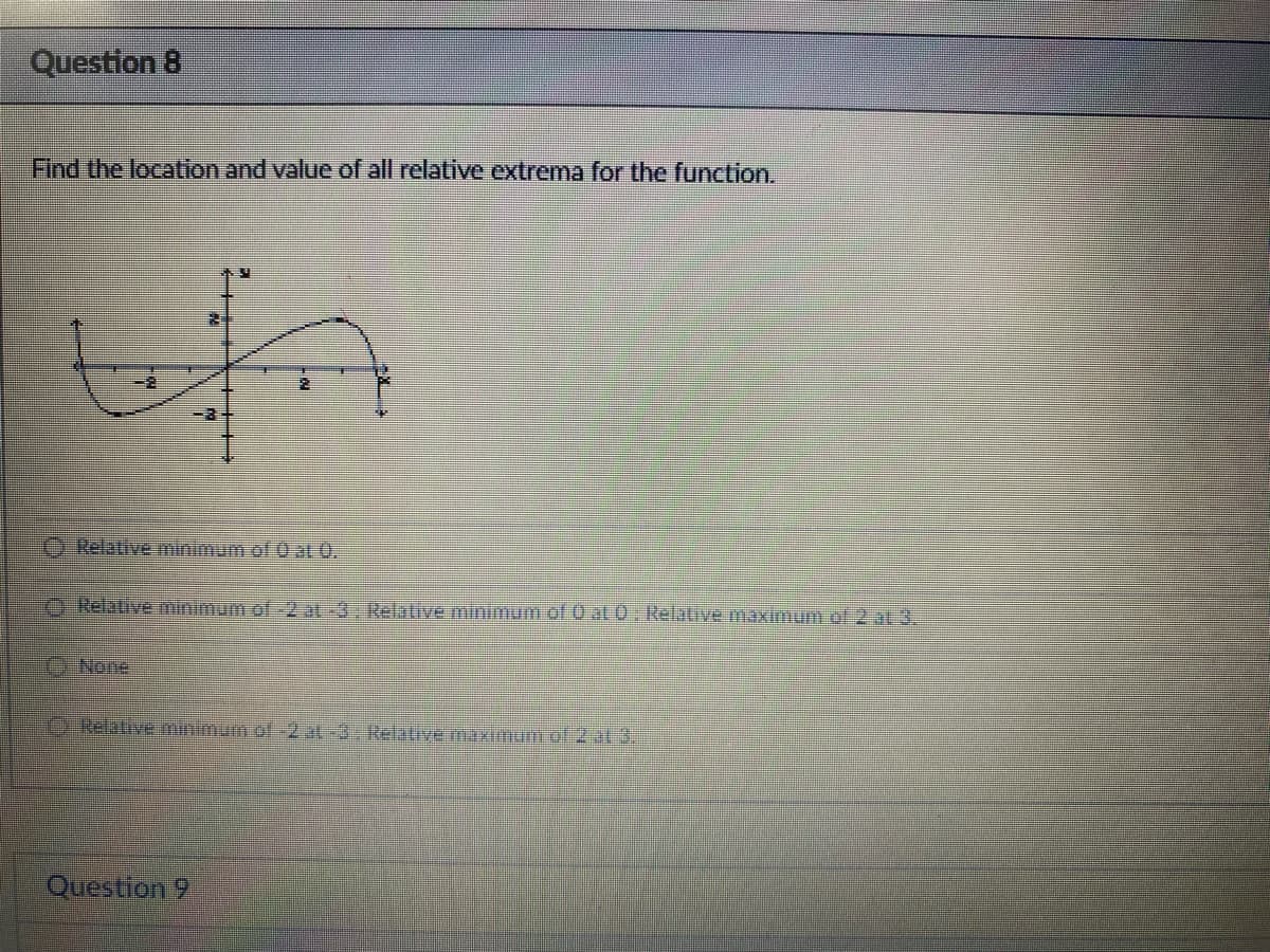 Question 8
Find the location and value of all relative extrema for the function.
LA
Relative minimum of 0 al 0.
Relative minimum of 2 at -3. Relative minimum of 0 at 0. Relative maximum of 2 at 3.
None
Relative minimum of -2 at -3. Relative maximum of 2 al 3.
Question 9