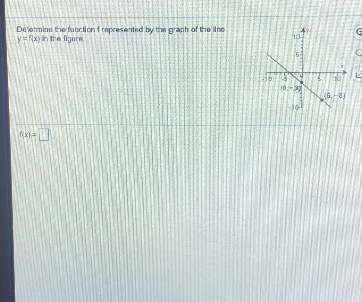 Determine the function f represented by the graph of the line
y f(x) in the figure.
10-
5-
-10
5.
10,-31
(6.-8)
10-
(x)=
%3D
