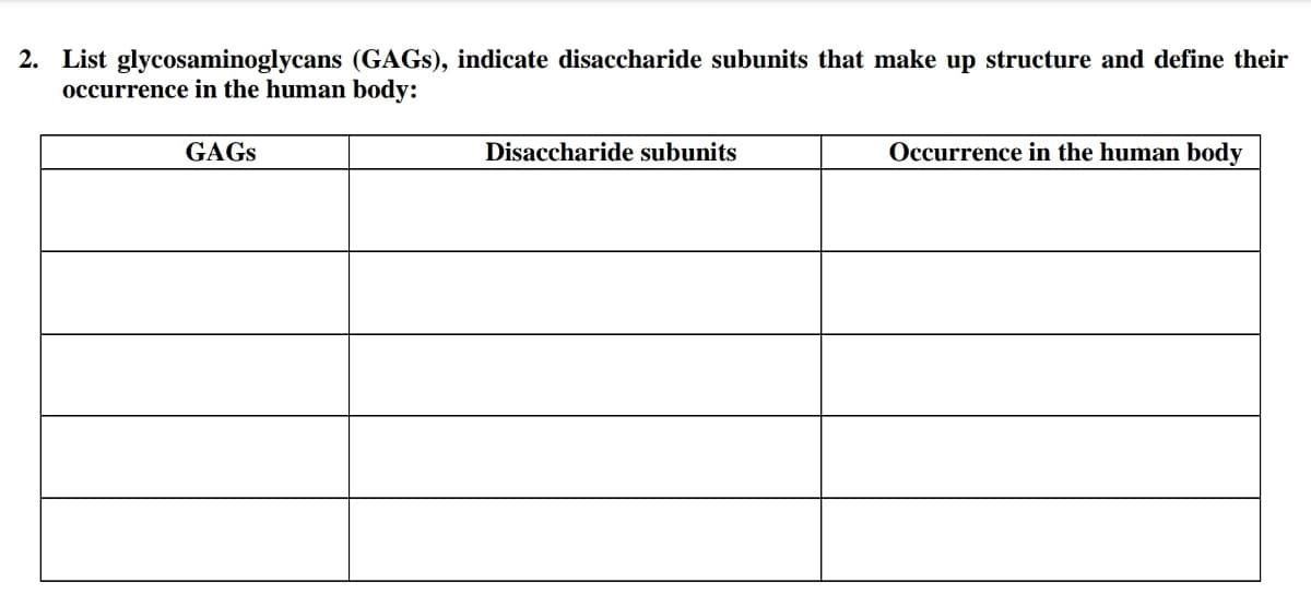 2. List glycosaminoglycans (GAGS), indicate disaccharide subunits that make up structure and define their
occurrence in the human body:
GAGS
Disaccharide subunits
Occurrence in the human body
