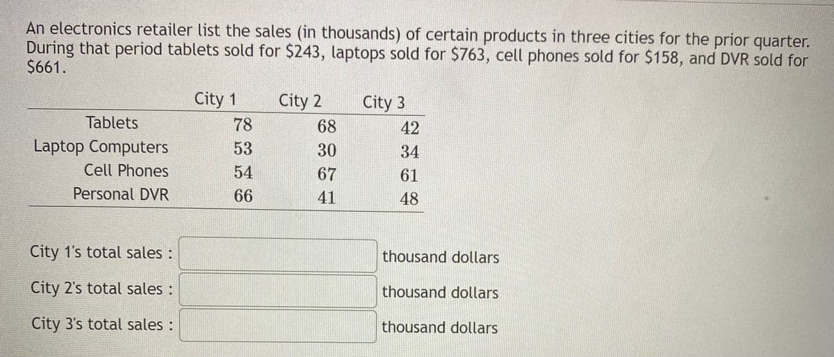 An electronics retailer list the sales (in thousands) of certain products in three cities for the prior quarter.
During that period tablets sold for $243, laptops sold for $763, cell phones sold for $158, and DVR sold for
$661.
City 1
City 2
City 3
Tablets
78
68
42
Laptop Computers
53
30
34
Cell Phones
54
67
61
Personal DVR
66
41
48
City 1's total sales :
thousand dollars
City 2's total sales :
thousand dollars
City 3's total sales :
thousand dollars
