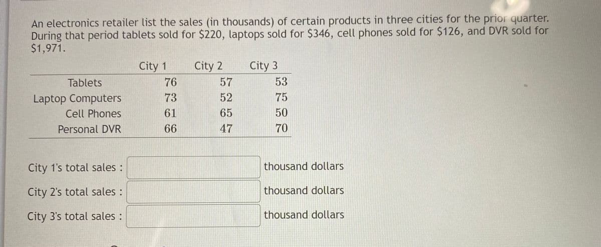 An electronics retailer list the sales (in thousands) of certain products in three cities for the prior quarter.
During that period tablets sold for $220, laptops sold for $346, cell phones sold for $126, and DVR sold for
$1,971.
City 1
City 2
City 3
Tablets
76
57
53
Laptop Computers
73
52
75
Cell Phones
61
65
50
Personal DVR
66
47
70
City 1's total sales :
thousand dollars
City 2's total sales :
thousand dollars
City 3's total sales :
thousand dollars
