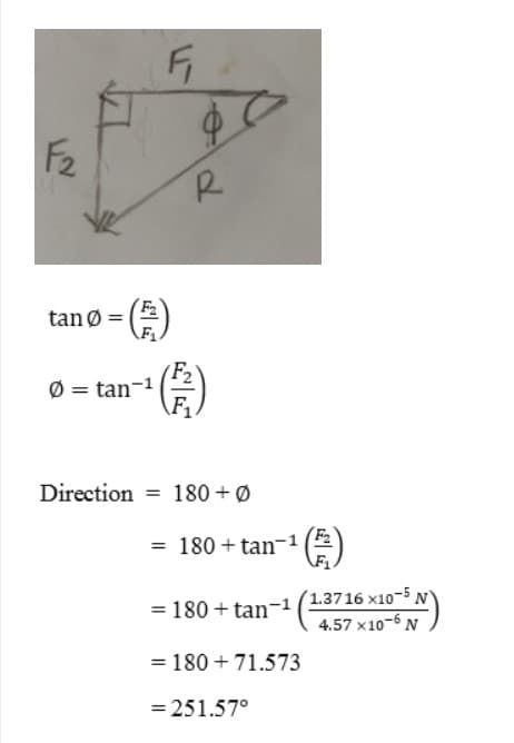 F2
R.
tan Ø =
Ø = tan-
Direction = 180 +Ø
%3D
= 180 + tan-1
= 180 + tan-1 (1.3716 x10-5,
4.57 x10-6 N
= 180 + 71.573
= 251.57°
