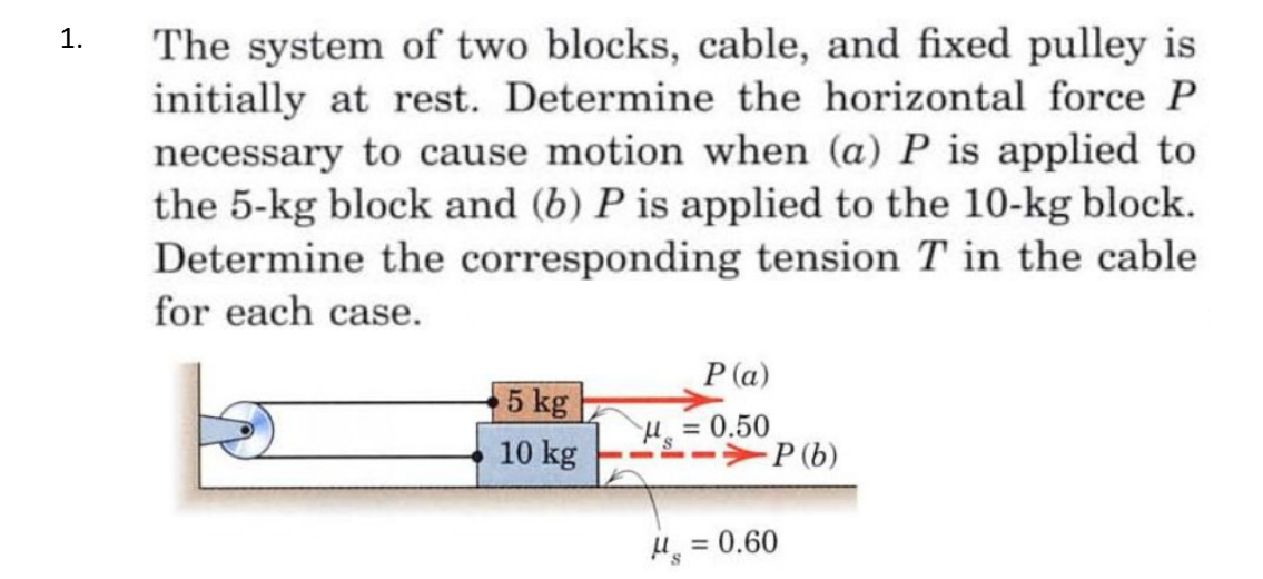 The system of two blocks, cable, and fixed pulley is
initially at rest. Determine the horizontal force P
necessary to cause motion when (a) P is applied to
the 5-kg block and (b) P is applied to the 10-kg block.
Determine the corresponding tension T in the cable
1.
for each case.
P (a)
5 kg
H = 0.50
P (b)
10 kg
H = 0.60
%3D
