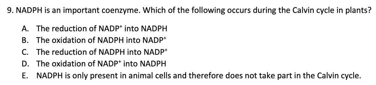 9. NADPH is an important coenzyme. Which of the following occurs during the Calvin cycle in plants?
A. The reduction of NADP+ into NADPH
B. The oxidation of NADPH into NADP+
C. The reduction of NADPH into NADP+
D. The oxidation of NADP+ into NADPH
E. NADPH is only present in animal cells and therefore does not take part in the Calvin cycle.