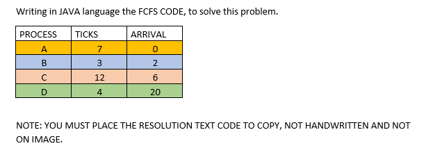 Writing in JAVA language the FCFS CODE, to solve this problem.
PROCESS TICKS
A
B
с
D
7
3
12
4
ARRIVAL
0
2
6
20
NOTE: YOU MUST PLACE THE RESOLUTION TEXT CODE TO COPY, NOT HANDWRITTEN AND NOT
ON IMAGE.